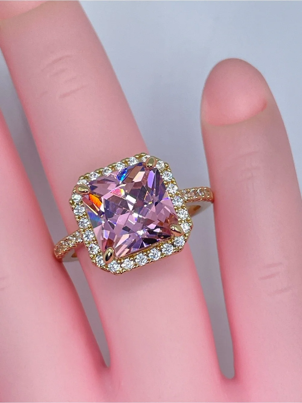 Swarovski Crystal Elements Pink Princess Cut Halo Art Deco Statement Ring Size 9